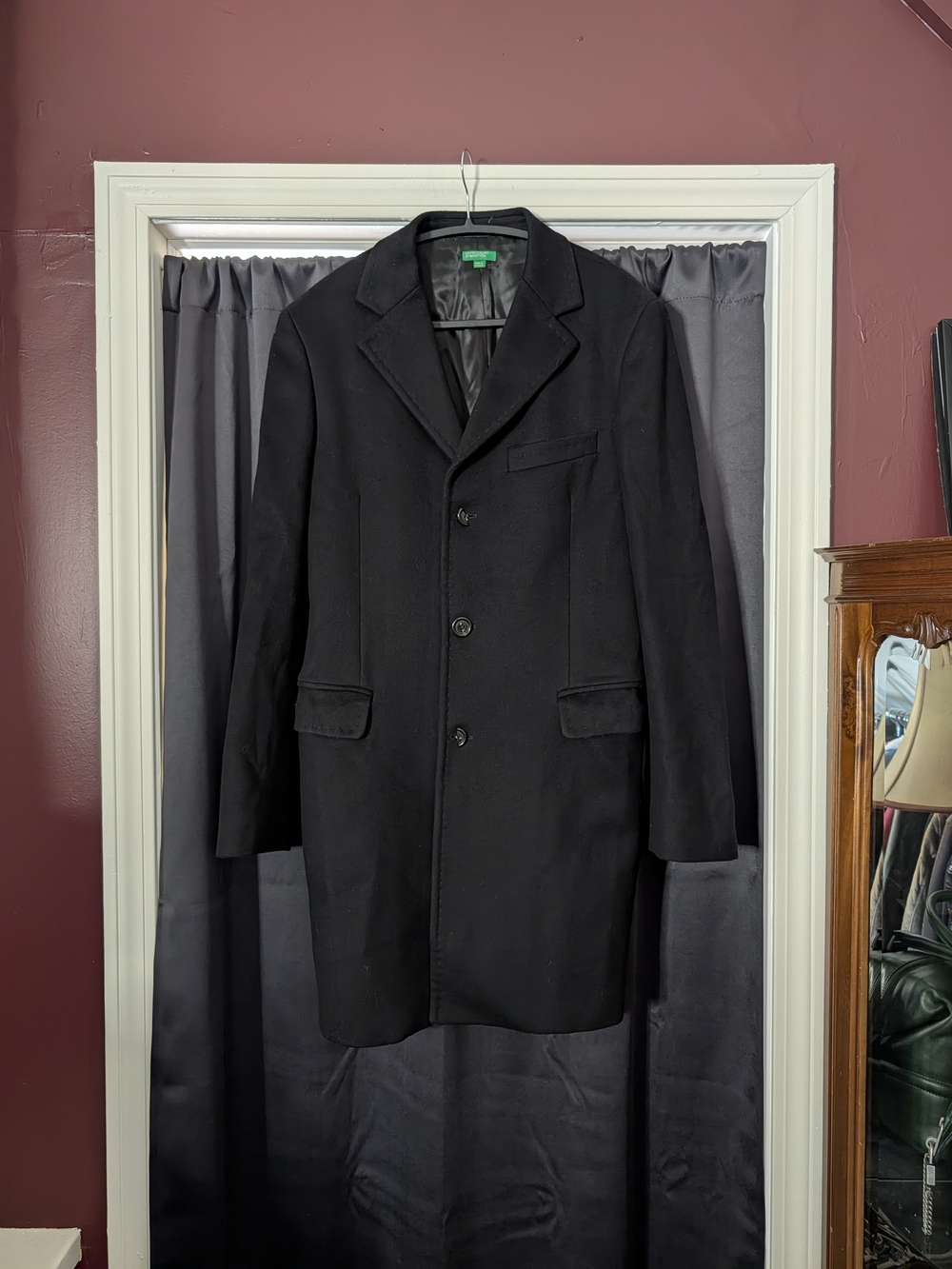 United Colors Of Benetton Black Wool Fleece Single-Breasted Mens Trench Overcoat